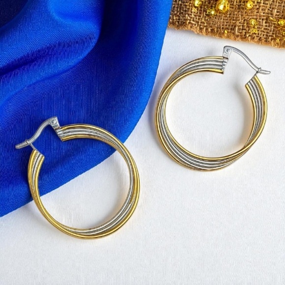 🆕️ Tri-Color 18K Gold Plated Stainless Steel Hoop Earrings Stylish Versatile - Picture 8 of 15